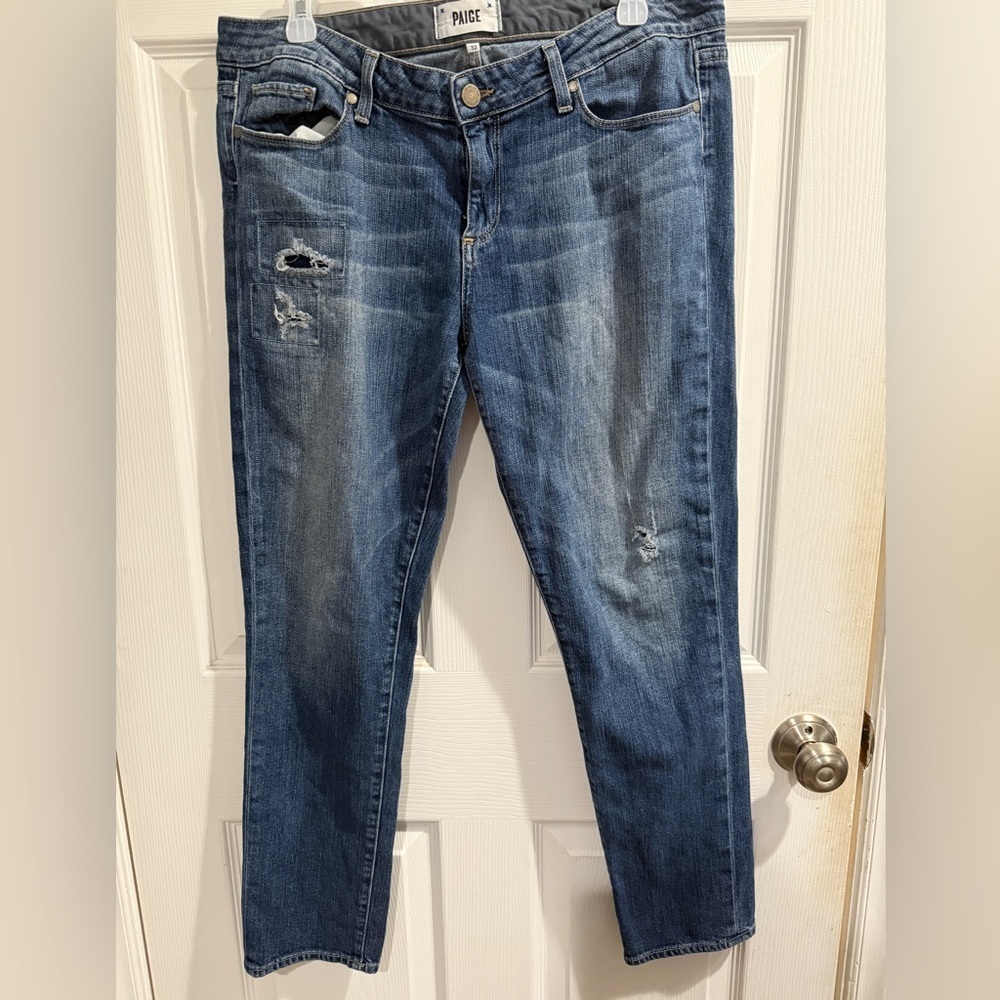 PAIGE Blue Boyfriend Jeans with Distressed Details Skyline Ankle Peg